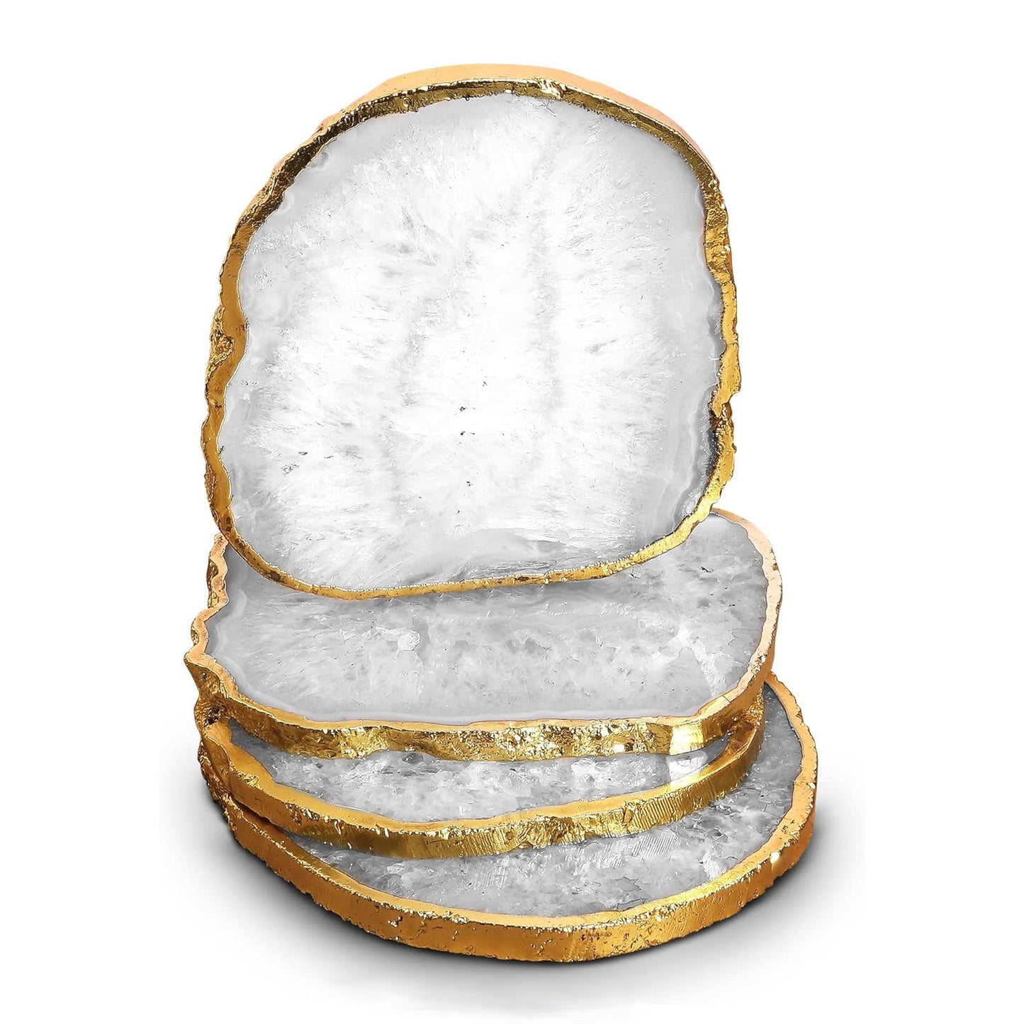 Natural Agate Coasters - Sliced White Natural Brazilian Gemstone, 3-4" Size – Set of 4