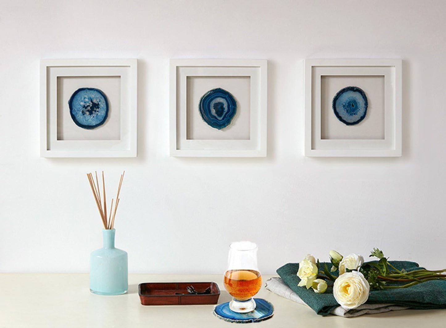 Natural Sliced Agate Beverage Coasters with gold rim, Mat Blue - Set of 4