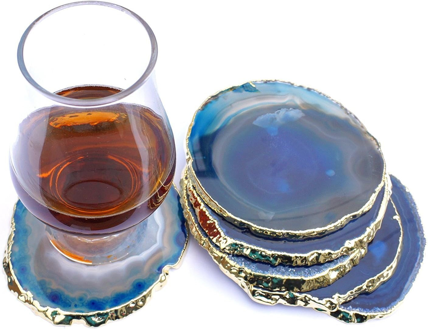  Natural Sliced Agate Beverage Coasters with gold rim, Mat Blue - Set of 4 