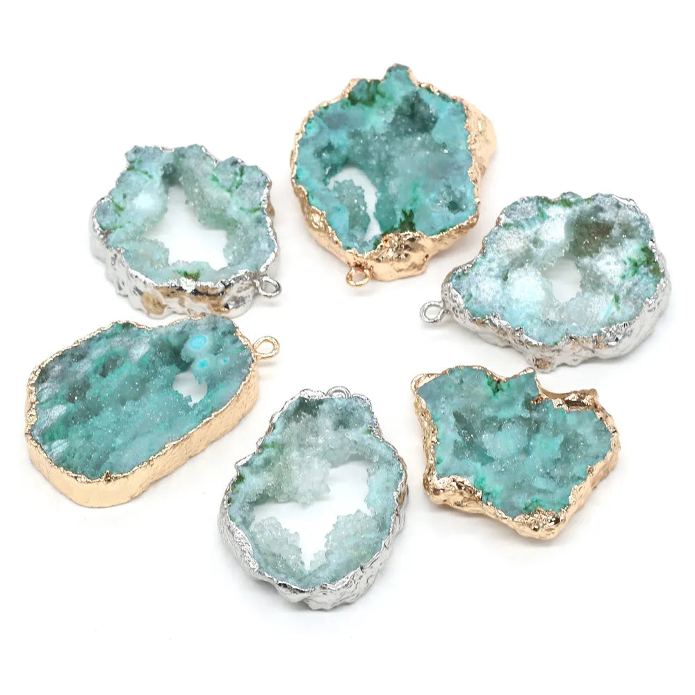 Irregular Green Quartz Crystal Natural Druzy Agates Pendants Natural Green Stone Quartz DIY Jewelry Making 25X35-30X40Mm