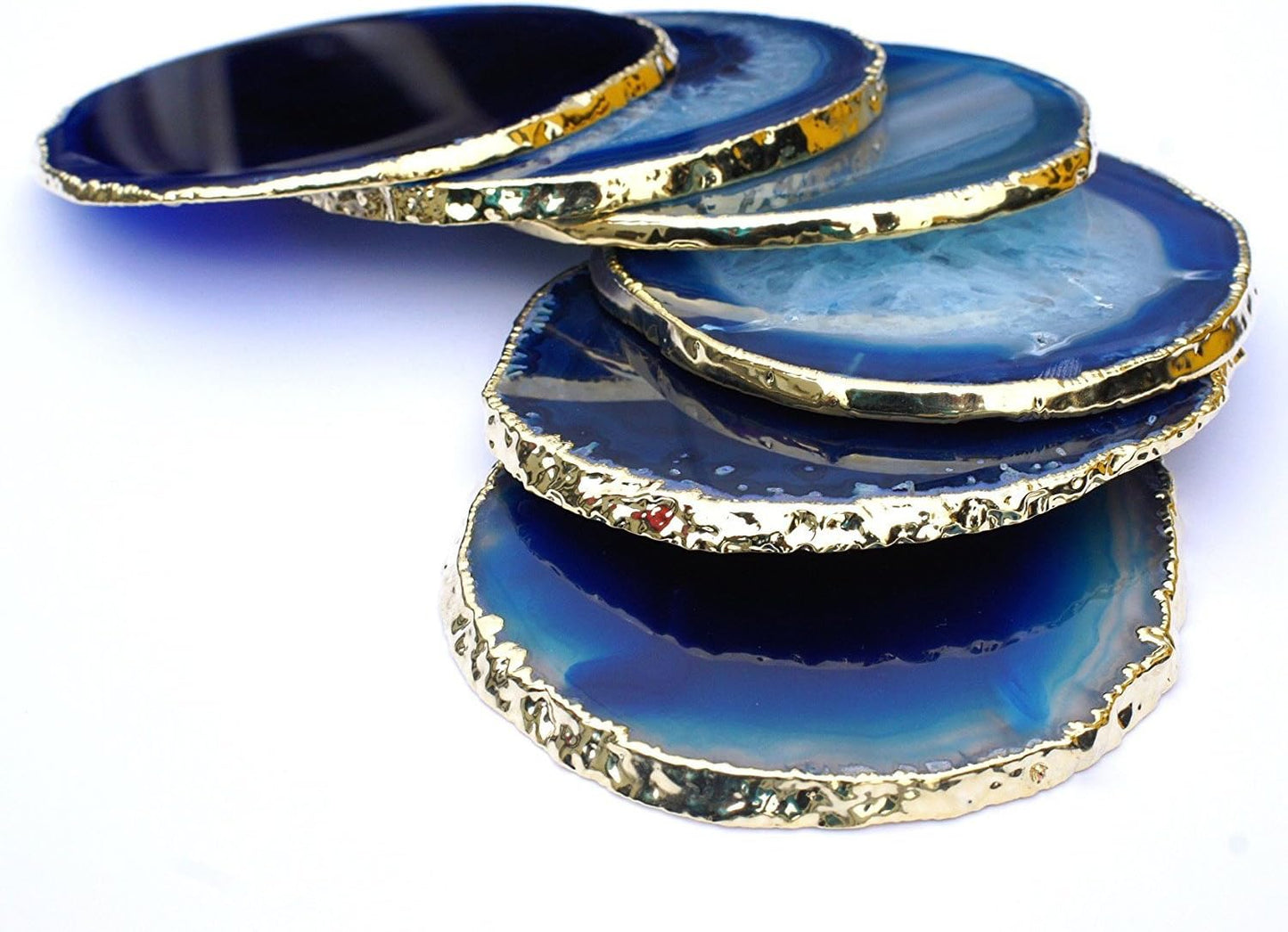  Natural Sliced Agate Beverage Coasters with gold rim, Mat Blue - Set of 4 