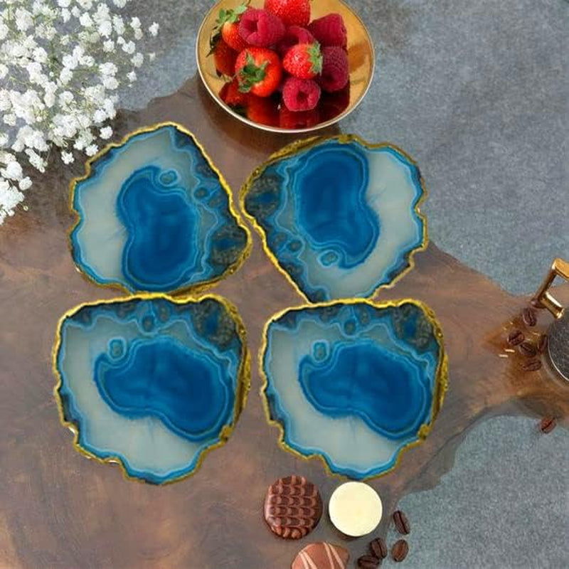 Prasant Natural Agate Stone Coasters with electroplated gold rim - Set of 4