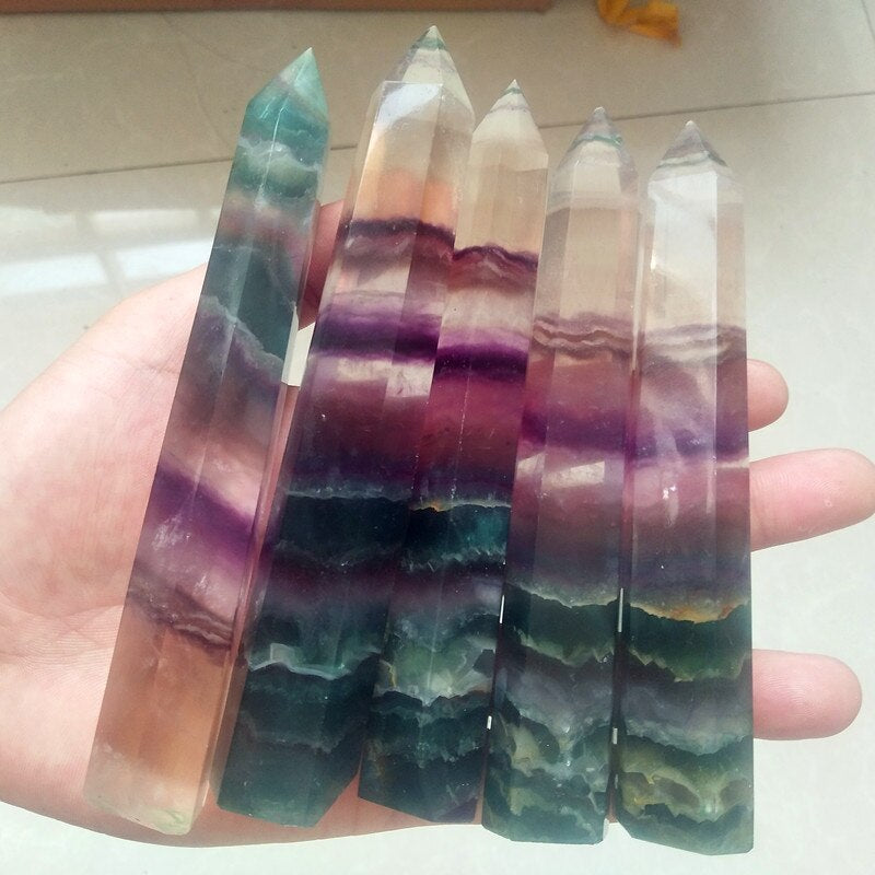 110 150Mm Natural Coloured Fluorite Crystal Tower Stone Wand Point Healing Crystals Room Decor Feng Shui Chakra Stones Polished