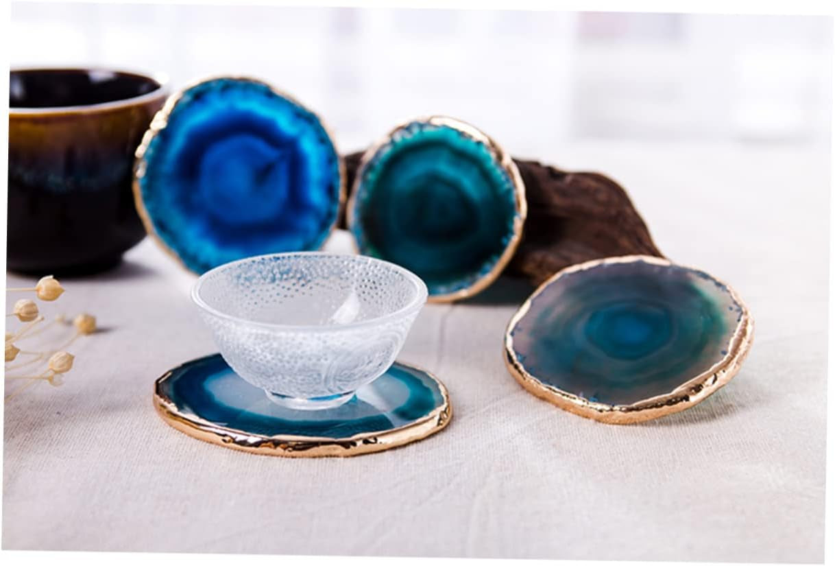 4 Pcs Fossil Decor Agate Decoration for Home Absorbant Stone Coasters Desk Coaster for Drink Gold Drink Coasters Gilt-Edged Agate Coasters Geode Coasters Blue Agate Absorbent Stone