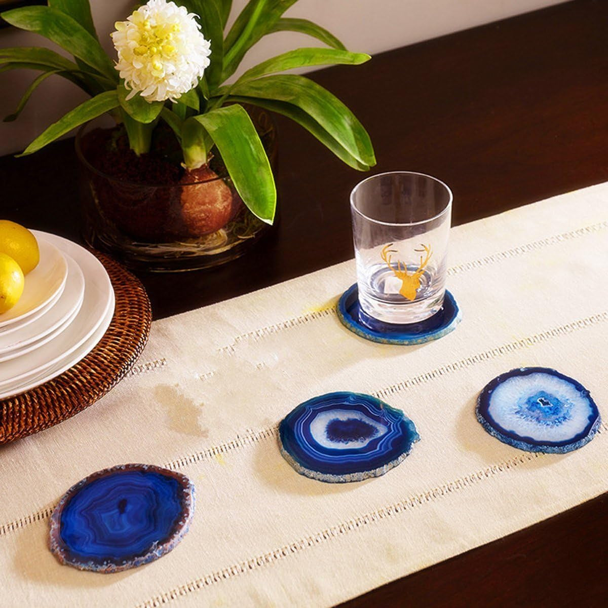  Natural Sliced Agate Beverage Coasters with gold rim, Mat Blue - Set of 4 