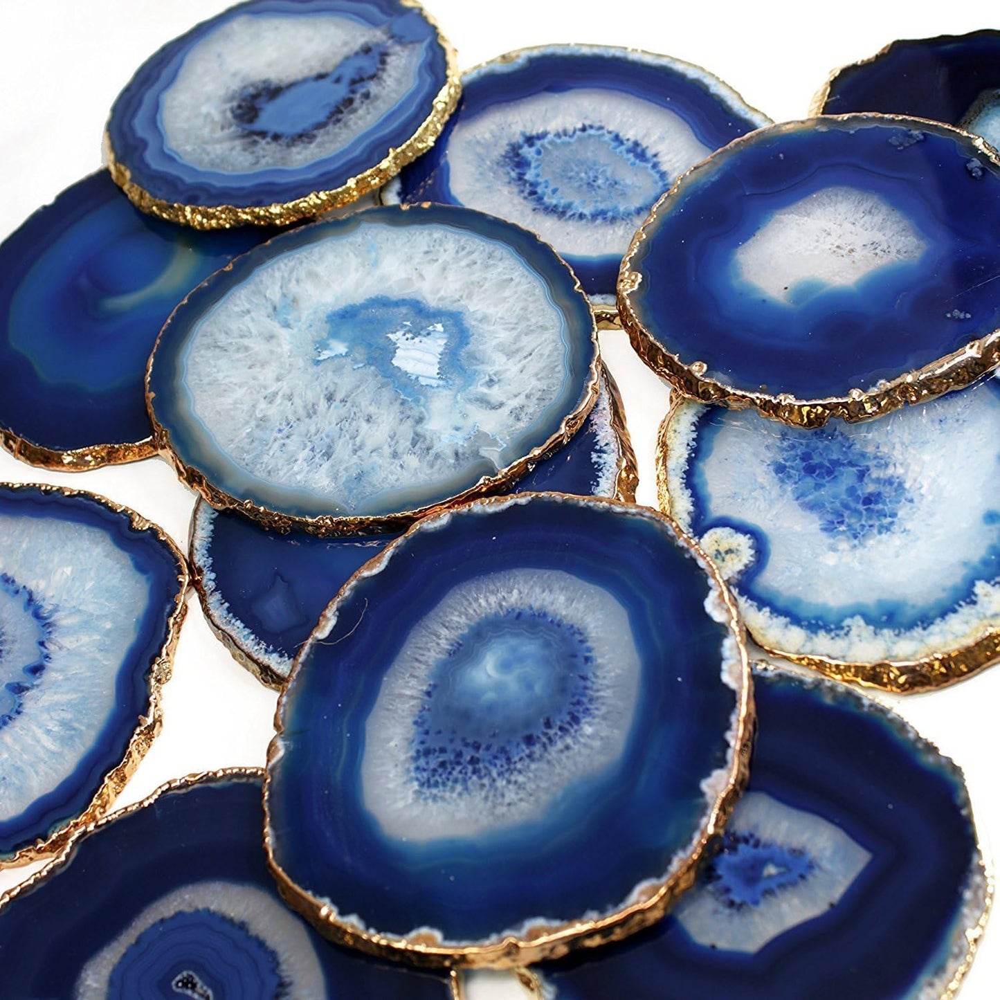  Natural Sliced Agate Beverage Coasters with gold rim, Mat Blue - Set of 4 