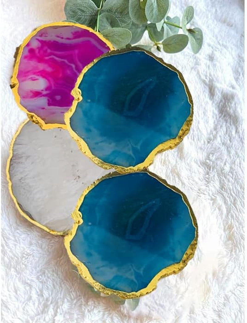 Prasant Natural Agate Stone Coasters with electroplated gold rim - Set of 4