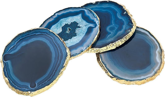  Natural Sliced Agate Beverage Coasters with gold rim, Mat Blue - Set of 4 